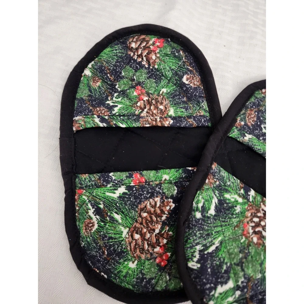 Handmade Christmas Pinecone Denim Quilted Pot Holder Mitts Set of 2 Holiday